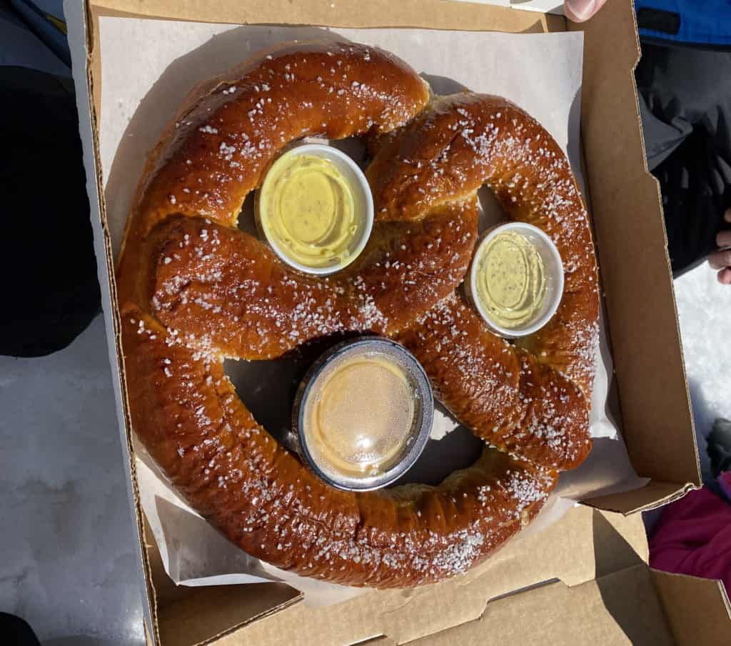Baked Giant Pretzel at The Yodler Restaurant at Main Lodge Mammoth Mountain