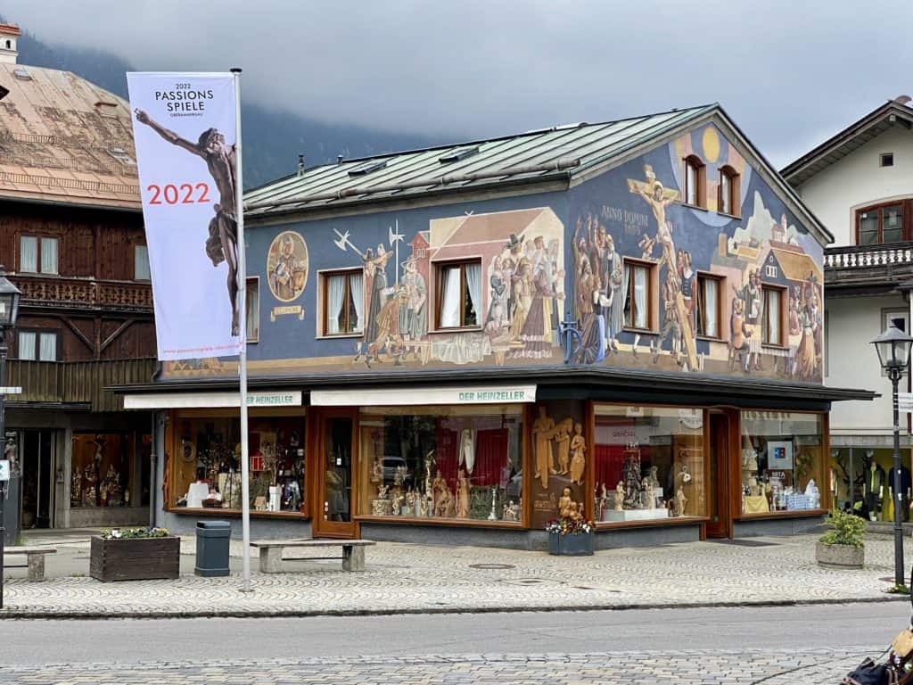 Passion Play 2022 Banner and Painted Building in Oberammergau Germany